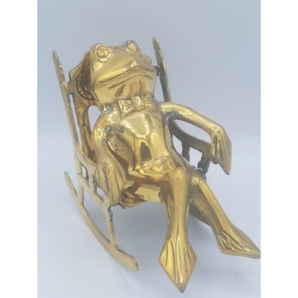 Brass Frog in Rocking Chair Figurine Bow Tie Gentleman Frog Made in Korea - Picture 1 of 8